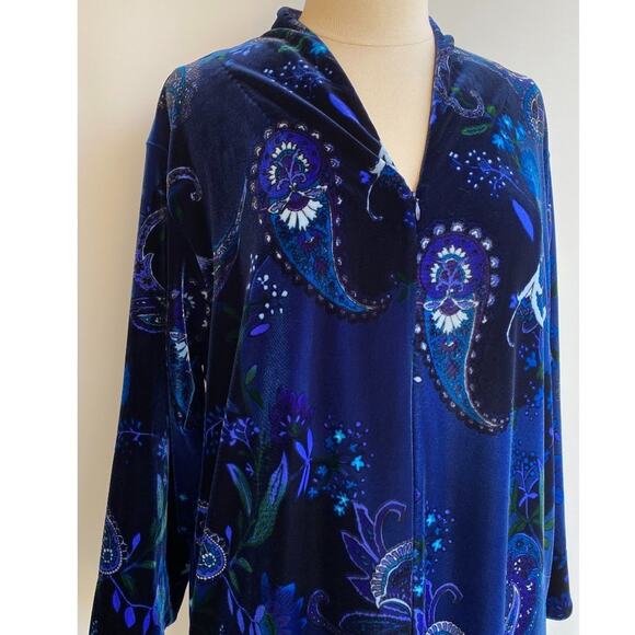 Oscar De La Renta VELVET Paisley Zip Vneck Pocket Maxi Nightgown Sleep Blue sz L - Picture 3 of 10